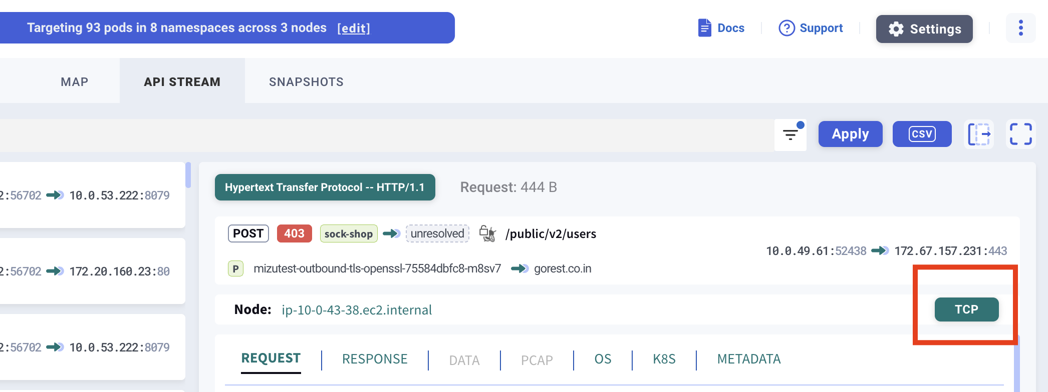 TCP/UDP button on an API call entry